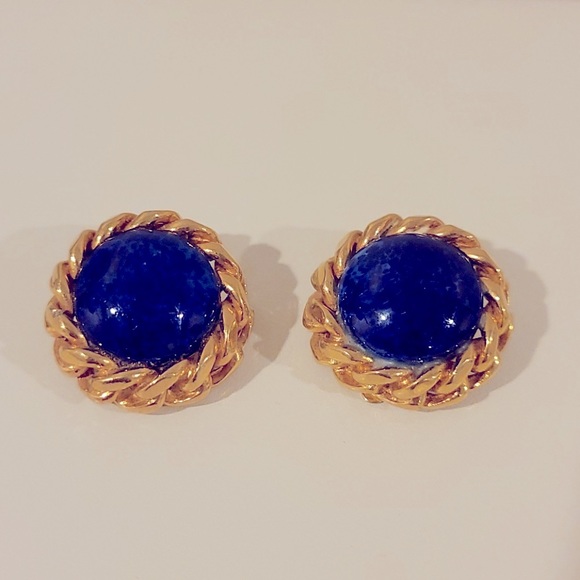Christian Dior Vintage Blue Lapiz Cabochon and Gold Twist Clip On Earrings - Picture 3 of 9